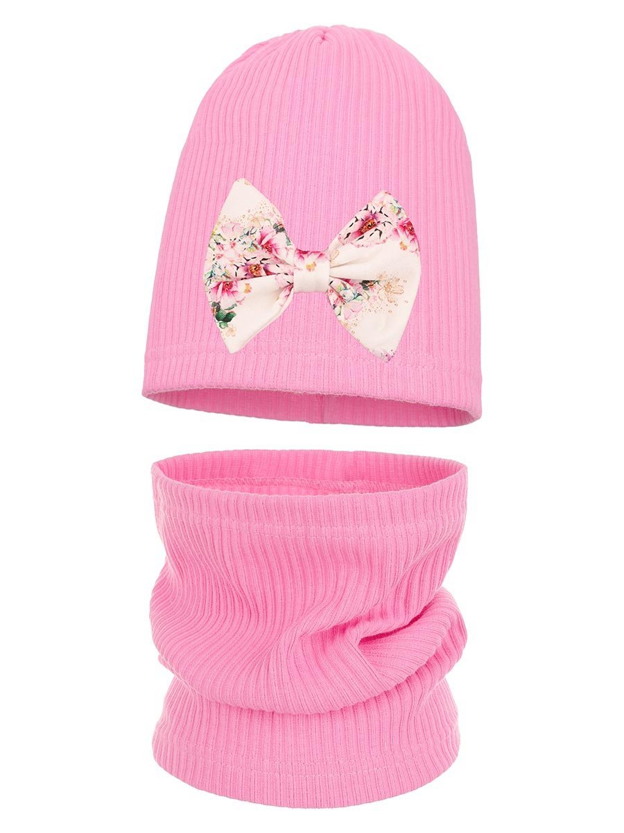 Dziewczęcy komplet czapka i komin w prążki z kokardą różowy Ambra r.50/54