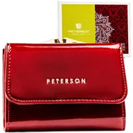 Portfele - Elegancka portmonetka damska PETERSON skórzany portfel damski mały czerwony na zatrzask i bigiel elegancki klasyczny prezent ochrona RFID - miniaturka - grafika 1