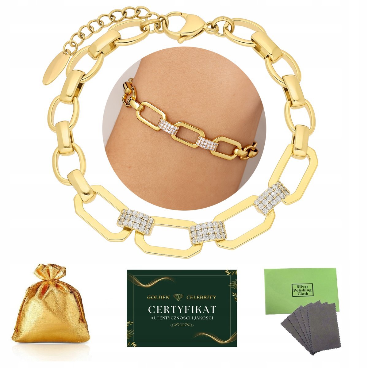 POZŁACANA BRANSOLETKA ZE STALI CHIRURGICZNEJ Z CYRKONIAMI, DLA KOBIETY 18K