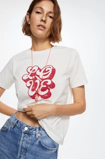 Koszulki i topy damskie - Mango t-shirt bawełniany Pstext kolor beżowy - grafika 1