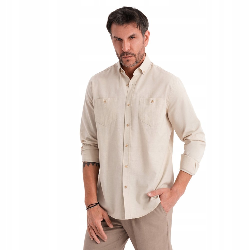 Koszula męska lniana wygodna regular fit kremowa Ombre OM-SHCS-0134 V3 M