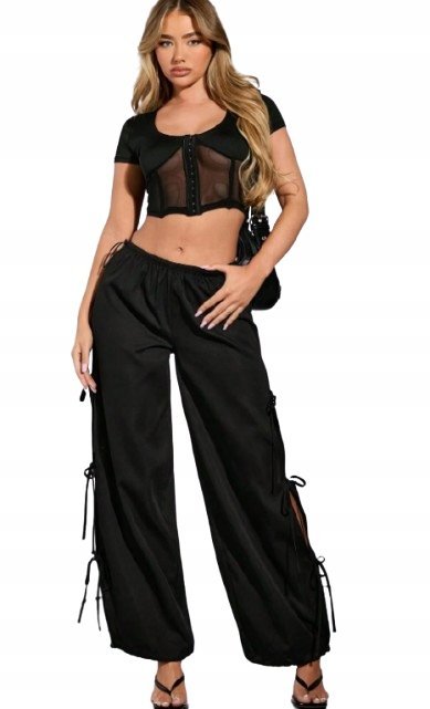 SHEIN CZARNE SPODNIE CASUAL Z WIĄZANIAMI NA BOKACH DŁUGIE 36 1KA