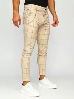 Spodnie męskie - Beżowe spodnie materiałowe chinosy w kratę męskie Denley 0060 - grafika 1