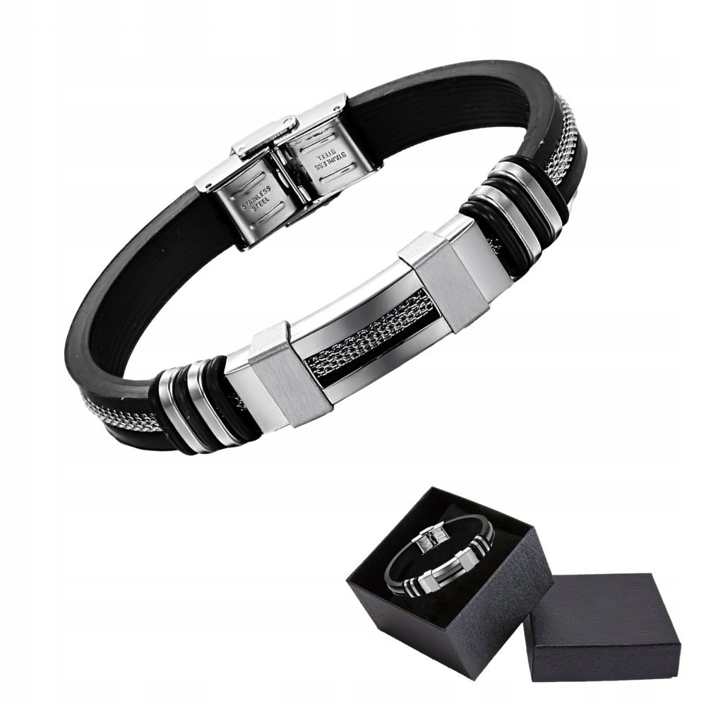 Bransoletka Męska Czarna Skórzana Siateczka Srebrna Stal Chirurgiczna 316L
