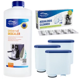 Zestaw do Ekspresu Philips Saeco, Filtr AL-Clean 3 szt, Odkamieniacz Uniwersalny Aqualogis 1L, Tabletki Czyszczące Aqualogis Cleaneo 10 szt. - Akcesoria i części do ekspresów do kawy - miniaturka - grafika 1