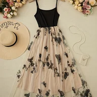 Sukienki - TEMU Kobieca Elegancka Sukienka z Przezroczystego Tiulu w Kształcie Litery A z Czarnym Haftem Motyla - Cienkie Ramiączki, Płynna, Możliwość Prania w - miniaturka - grafika 1