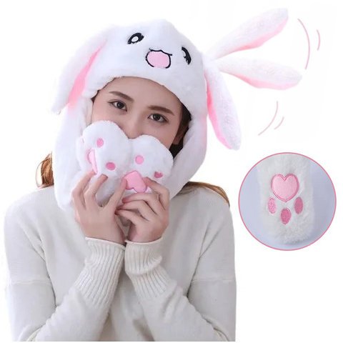 Czapka Ruchome Uszy Łapki Królik Biały Pluszowa