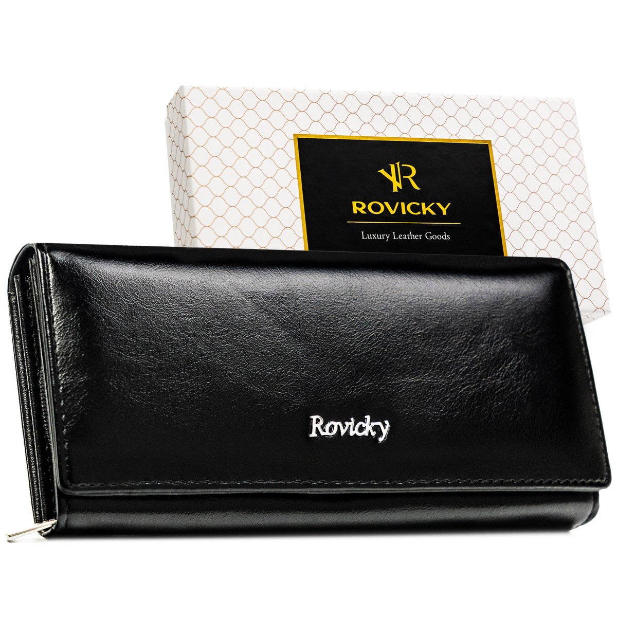 Portfel damski klasyczny skórzany Rovicky z RFID na karty i dokumenty pudełko czarny