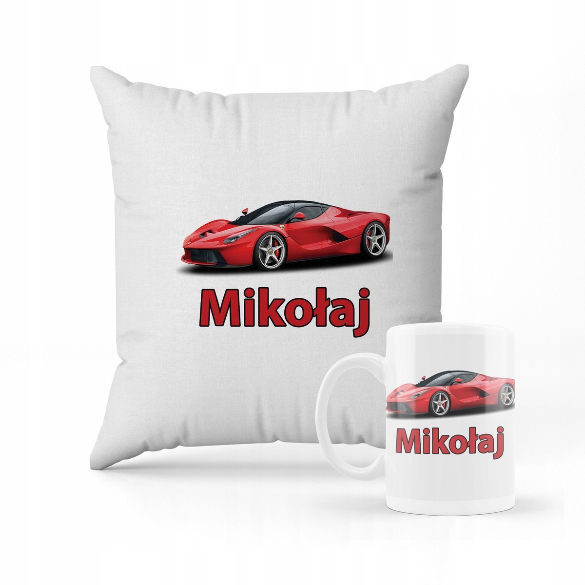 ZESTAW PODUSZKA + KUBEK PREZENT DLA DZIECKA FERRARI AUTO SPORTOWE + IMIĘ 3