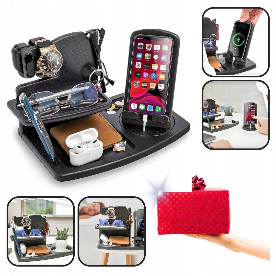 DREWNIANA STACJA DOKUJĄCA NA TELEFON, STOJAK NA PORTFEL I ZAGARKI ORGANIZER