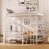Łóżka dla dzieci i młodzieży - Łóżko piętrowe z metalową ramą, łóżko piętrowe 90x200, łóżko wielofunkcyjne z wieloma schowkami, białe - miniaturka - grafika 1