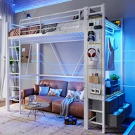 Łóżka dla dzieci i młodzieży - Łóżko antresola 90 x 200 cm z 4 szufladami - oświetlenie LED, gniazdo USB + typ C i wieszak na ubrania - metal i płyta MDF - białe (bez materaca) - miniaturka - grafika 1