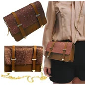 Torebki damskie - BRĄZOWA TOREBKA KOPERTÓWKA Z BROKATEM NA ŁAŃCUSZKU WIZYTOWA LISTONOSZKA - miniaturka - grafika 1