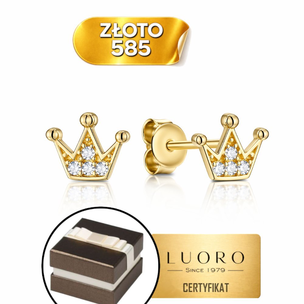 KOLCZYKI ZŁOTE 585 14K KORONA Z CYRKONIAMI SZTYFT DELIKATNE 75 MM PREZENT