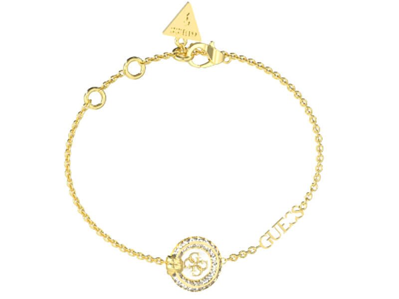 Bransoletka pozłacana GUESS z logo w kółku cyrkoniami i białym środkiem LOGO KNOT MINI