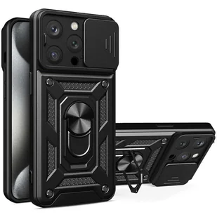 Etui pancerne do iPhone 15 Pro Max Camshield Case Ring Alogy Stand z osłonką na aparat slide czarne + Szkło - Części i akcesoria do laptopów - miniaturka - grafika 9