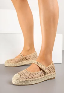 Ciemnobeżowe Espadryle z Siateczki na Plecionej Podeszwie ze Sprzączką Feniffia - Espadryle damskie - miniaturka - grafika 1