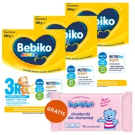 Mleko modyfikowane - Zestaw Bebiko Junior 3R Nutriflor Expert, odżywcza formuła na bazie mleka z kleikiem ryżowym, powyżej 1 roku, 3 x 600 g + Bambino, chusteczki nawilżane, 63 sztuki gratis - miniaturka - grafika 1