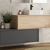 Szafki łazienkowe - Szafka łazienkowa wisząca naturalna jasna i antracytowa z umywalką i dwoma szufladami - 94 cm - TEANA II - miniaturka - grafika 1