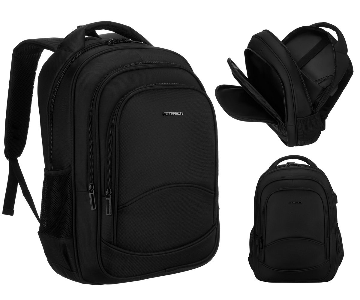 Plecak szkolny młodzieżowy tornister do szkoły z miejscem na laptopa z portem USB do ładowania z jack do słuchania muzyki na uczelnię czarny Peterson
