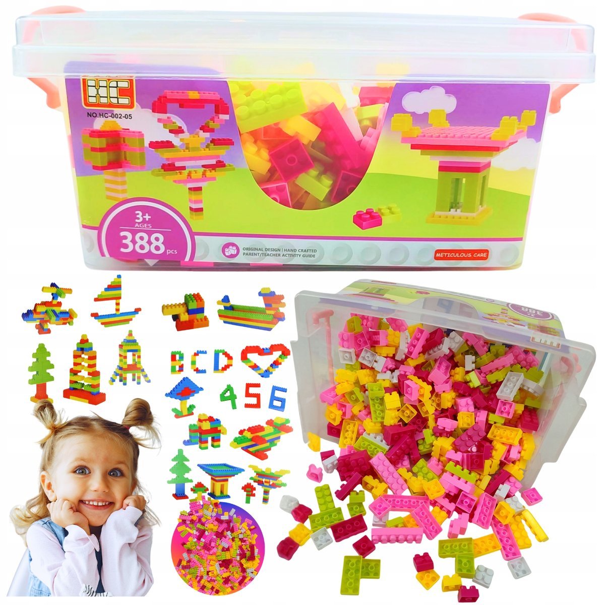 KLOCKI KONSTRUKCYJNE BASIC CEGŁY PASTELOWE RÓŻOWE DLA DZIEWCZYNKI 388 ELEM.