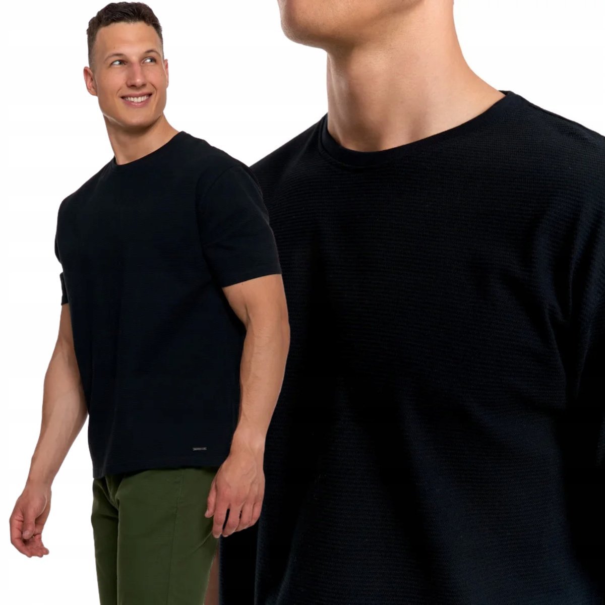 T-Shirt Koszulka Męska Krótki Rękaw Bawełna Klasyczna Prążkowana Moraj Xl Black