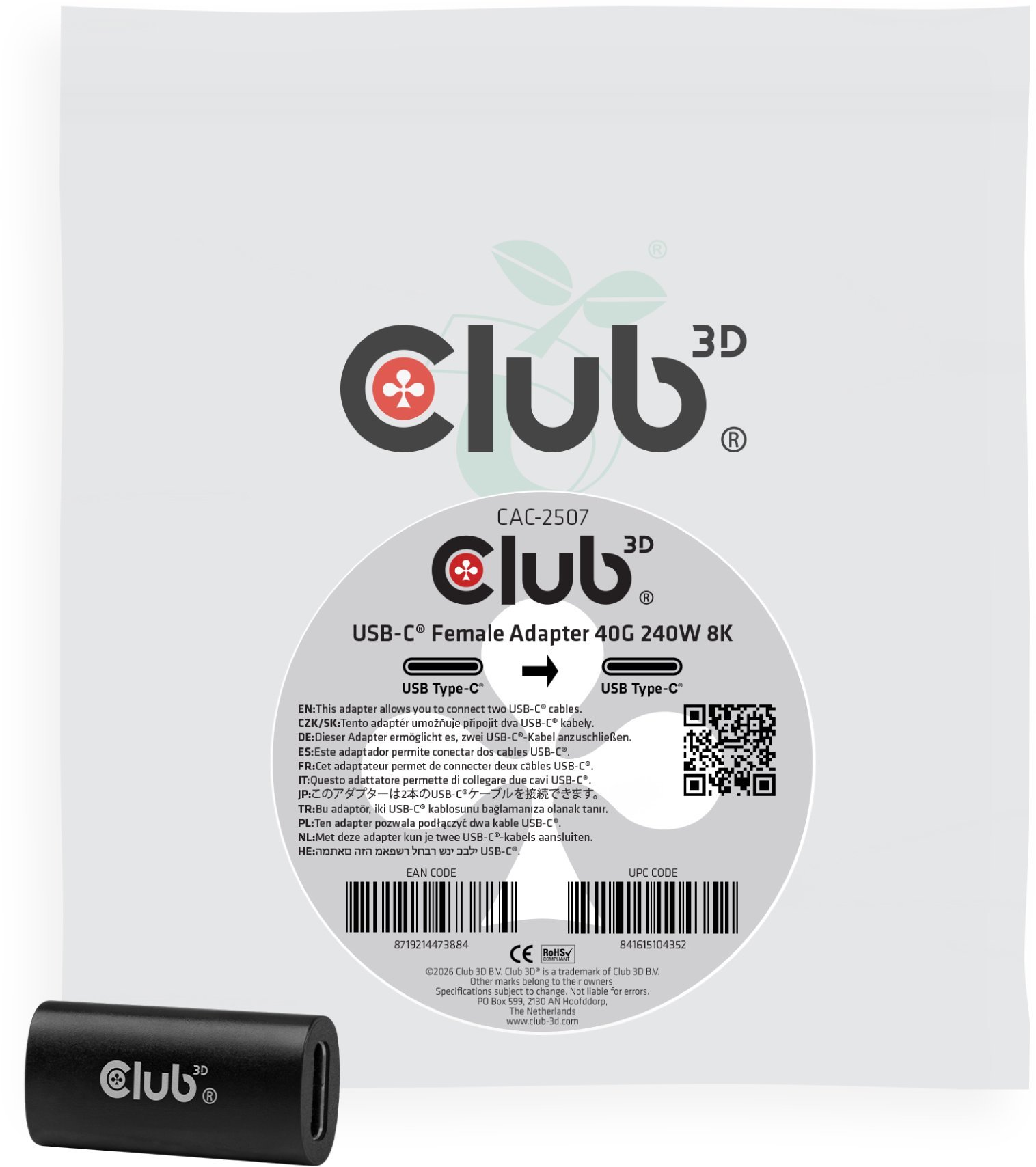 Adapter USB Club 3D Club3D Adapter USB-C > USB-C 40Gbps 240W 8K@60Hz Bu/Bu retail CAC-2507