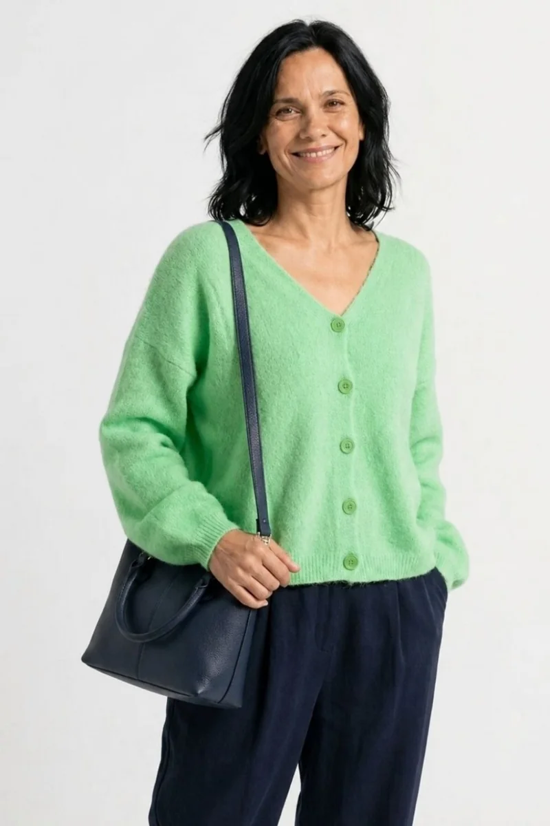 Sweter kardigan damski miętowy 30% alpaka dekolt w serek One Size