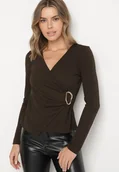 Bluzki damskie - Brązowa Asymetryczna Bluzka z Marszczeniem i Klamrą w Talii Zennisea - miniaturka - grafika 1