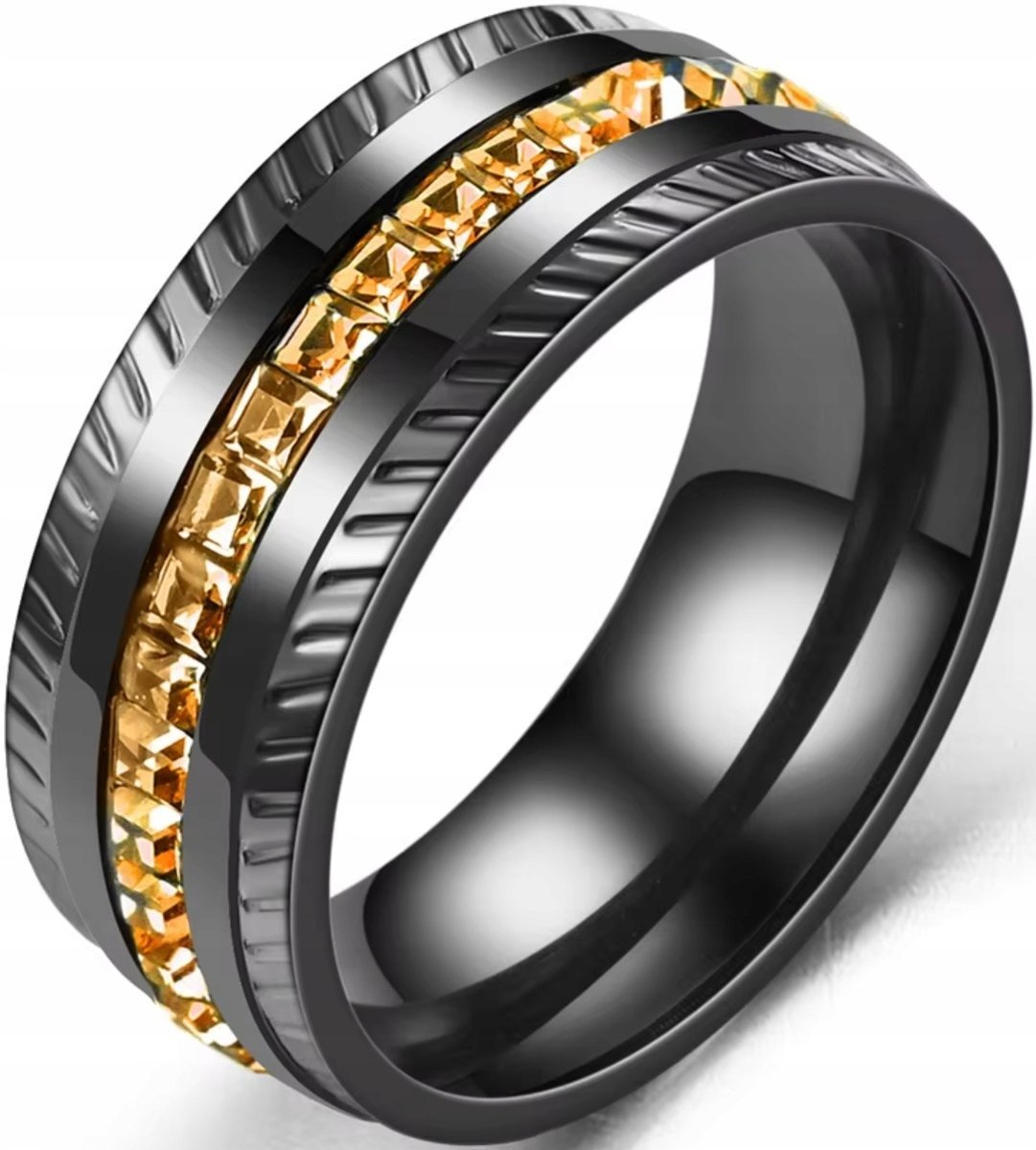 Czarny Pierścień z Kwadratowymi Bursztynami Sygnet Stal Szlachetna