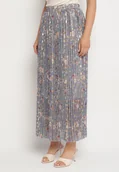 Spódnice - Szara Rozkloszowana Spódnica Plisowana z Metalicznym Nadrukiem w Kwiatowy Wzór Folireia - miniaturka - grafika 1