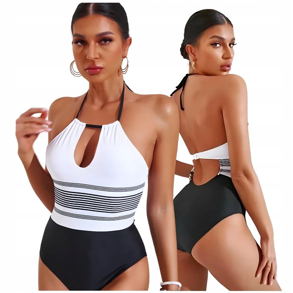 STRÓJ KĄPIELOWY JEDNOCZĘŚCIOWY BIAŁY CZARNY KOSTIUM DAMSKI MODELUJĄCY S