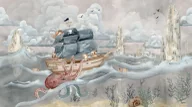 Tapety - PIRATE STORY – Tapeta ze statkiem pirackim mural beż - miniaturka - grafika 1