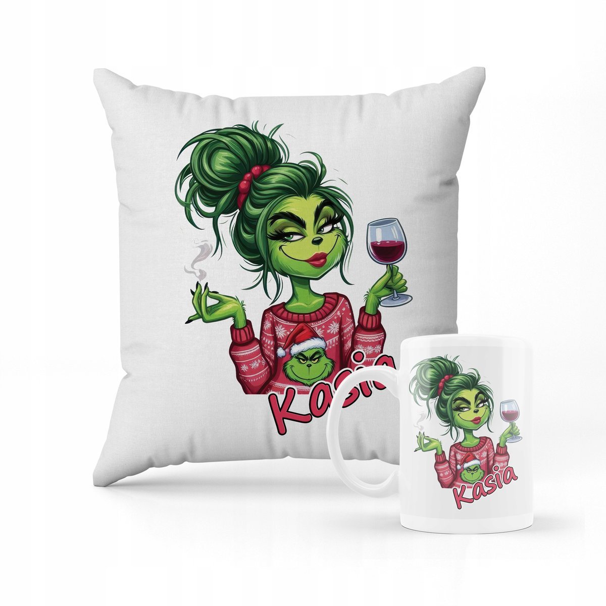 ZESTAW PODUSZKA + KUBEK Grinch śmieszny wzór + IMIĘ