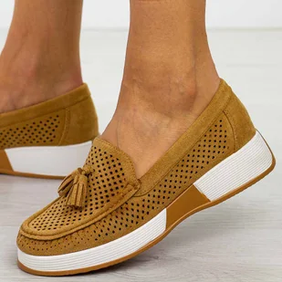 Camelowe ażurowe mokasyny damskie Sergio Leone Mk096 - Mokasyny damskie - miniaturka - grafika 1