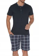 Piżamy damskie - Piżama męska granat - rozpinana pod szyją, kratka, komplet na lato L - miniaturka - grafika 1