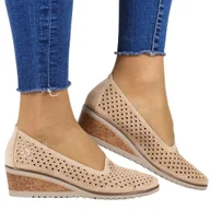 Mokasyny damskie - PÓŁBUTY AŻUROWE MOKASYNY NA KOTURNIE POTOCKI 12306 BEŻOWE ZAMSZOWE - miniaturka - grafika 1