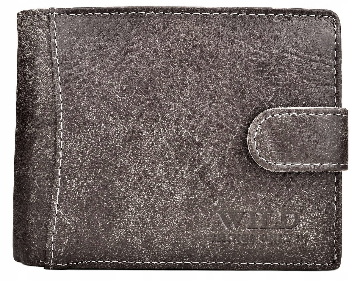 Szary SKÓRZANY Portfel Męski na ZAPINKĘ Poziomy Młodzieżowy ELEGANCKI Wild