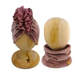 Czapeczki dla niemowląt - Zestaw Turban + Komin dla dzieci z VELURU  kolor pudrowy róż - miniaturka - grafika 1