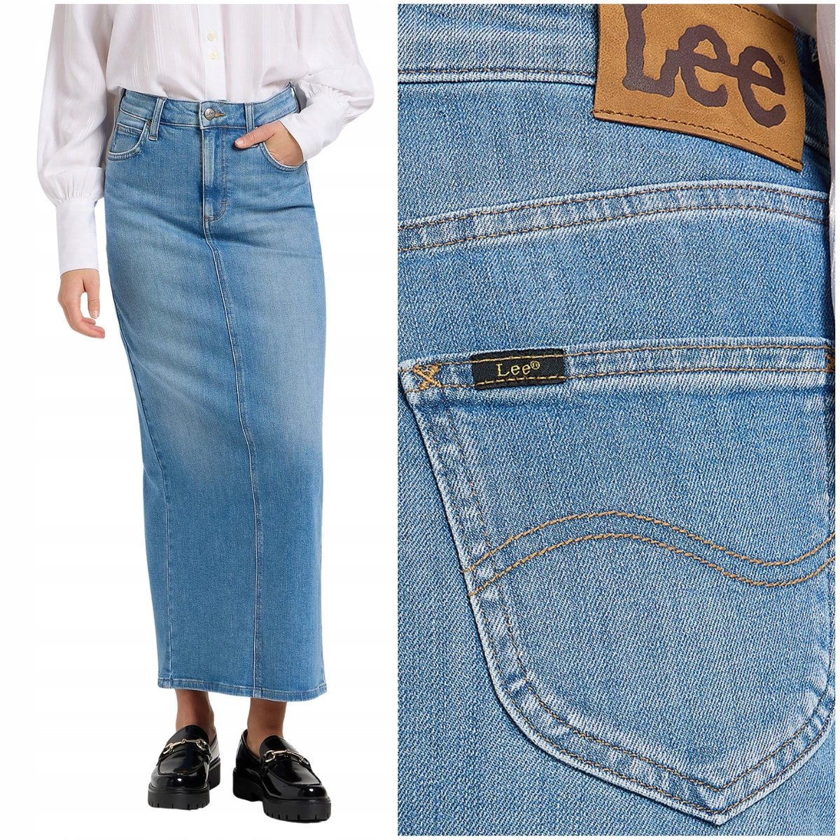 Lee BACK SLIT MAXI SKIRT Bloom długa jeansowa spódnica rozcięcie z tyłu W30