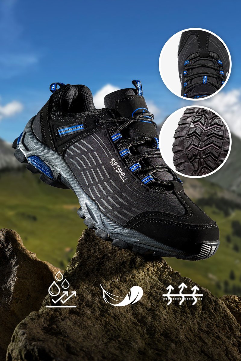 Czarne buty trekkingowe damskie sznurowane z niebieskimi dodatkami softshell casu b1528-2-36