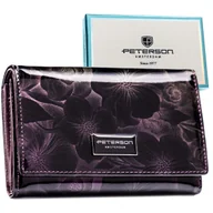Portfele - Fioletowy portfel damski z motywem kwiatowym skóra naturalna i ekologiczna PETERSON lakierowany elegancki na karty dokumenty gotówkę pudełko prezent.. - miniaturka - grafika 1