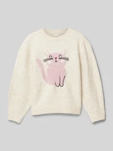 Sweter z dzianiny o luźnym kroju z flauszowym motywem w koty - Swetry dla dziewczynek - miniaturka - grafika 1
