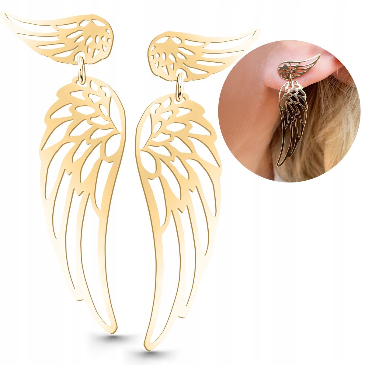 Kolczyki skrzydła anioła pozłacane długie wiszące modne srebro 925