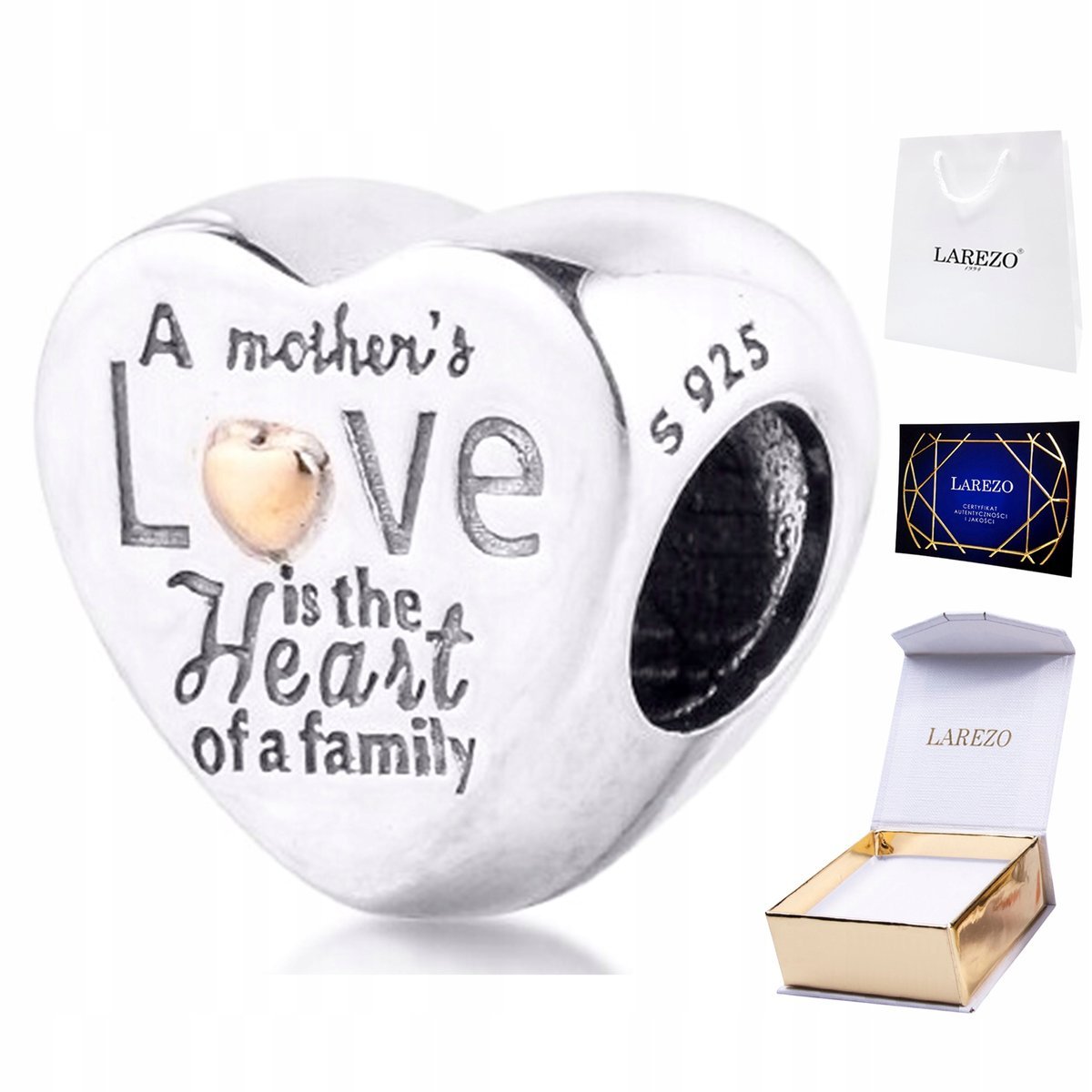 CHARMS SREBRNY z Sercem Mama Family Mother Mom Love Serduszko SREBRO 925