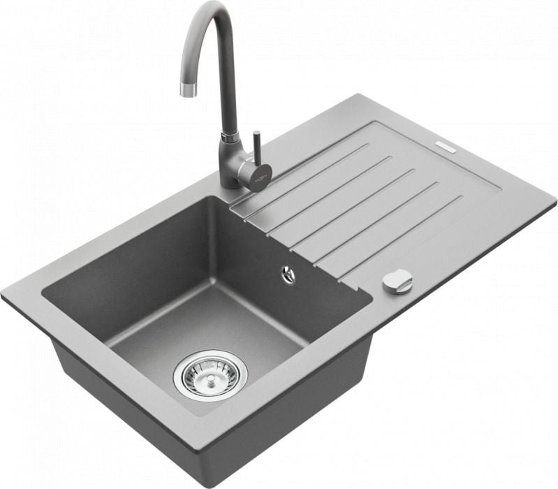 Mexen Zlewozmywak  Pablo granitowy 1-komorowy z ociekaczem i baterią kuchenną Telma, szary - 6510-71-670200-71