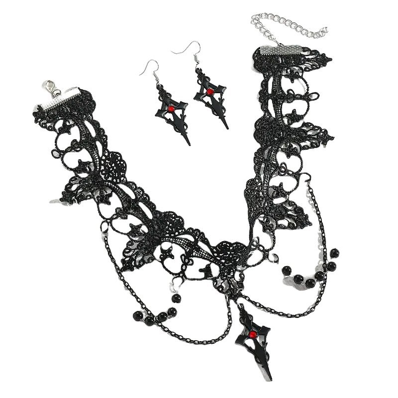 Zestaw Choker i Kolczyki Gotyckie Koronkowe z Krzyżem Czarny