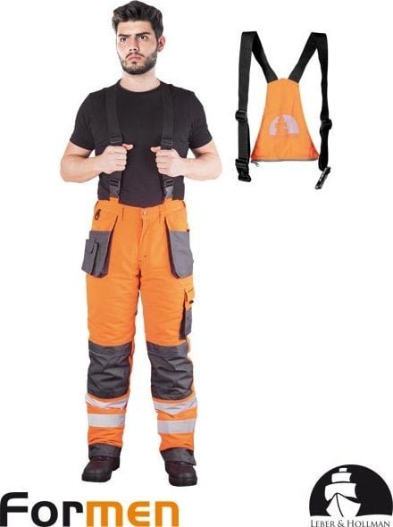 Leber&Hollman LH-FMNWX-B - Spodnie ochronne ocieplane ogrodniczki FORMEN, odpinane szelki, liczne kieszenie - czerwono-stalowo-czarny L