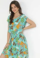 Sukienki - Miętowa Wiskozowa Sukienka Midi z Gumką w Pasie z Motywem Roślinnym Mireli - miniaturka - grafika 1