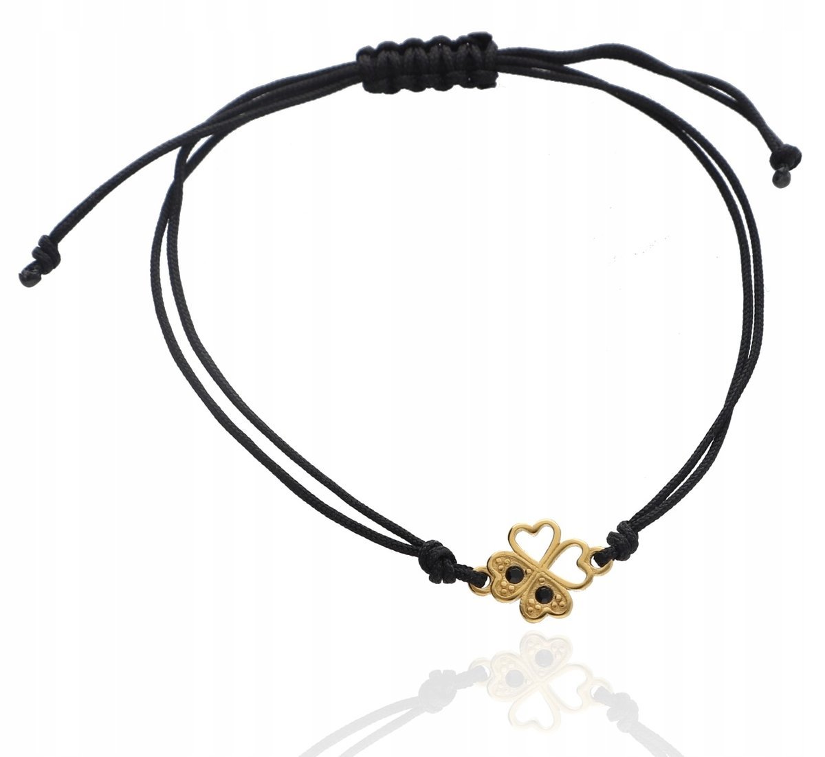 Bransoletka sznurkowa koniczynka na szczęście czarne cyrkonie srebro 925
